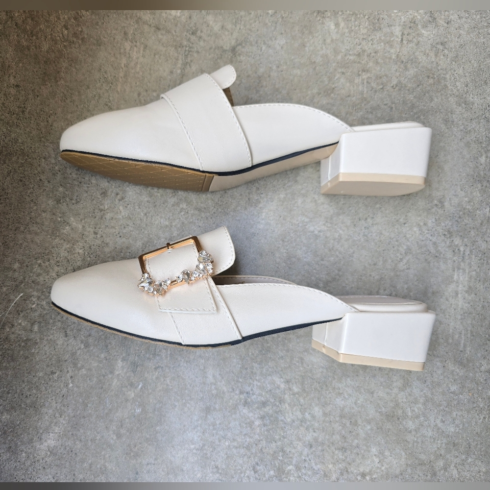 Elegant White Women's Mules with Embellished Buckle